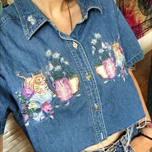 Vintage embroderd kitten jean crop top